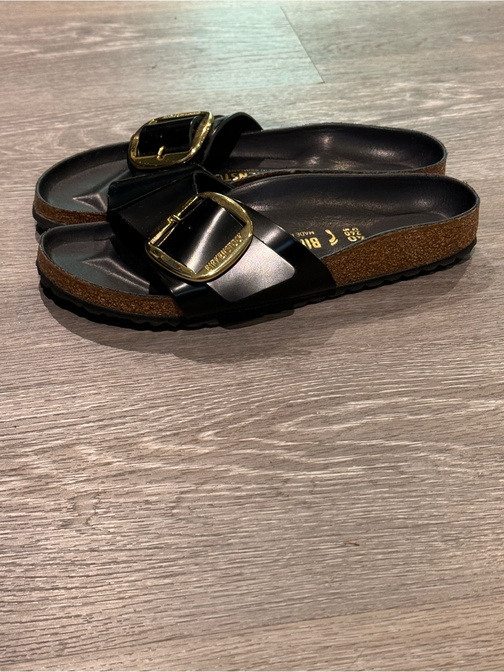 Birkenstock Black Madrid Single Strap Sandals with Gold Buckles - Picture 2 of 2